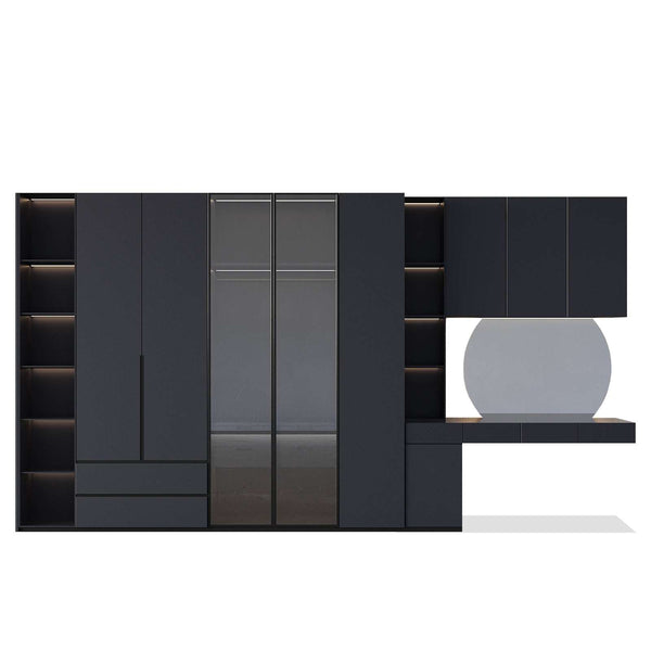Onyx Closet black matte MDF wood wardrobe with built-in vanity and circular mirror