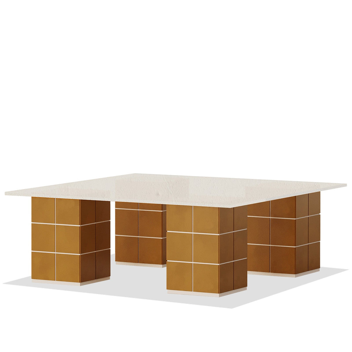 Gems Coffee Table with clear glass top and chunky tiled ceramic legs in modern living room