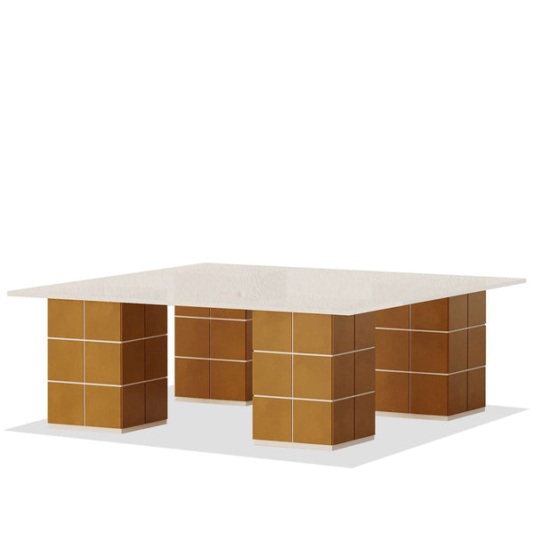 Gems Coffee Table with clear glass top and chunky tiled ceramic legs in modern living room