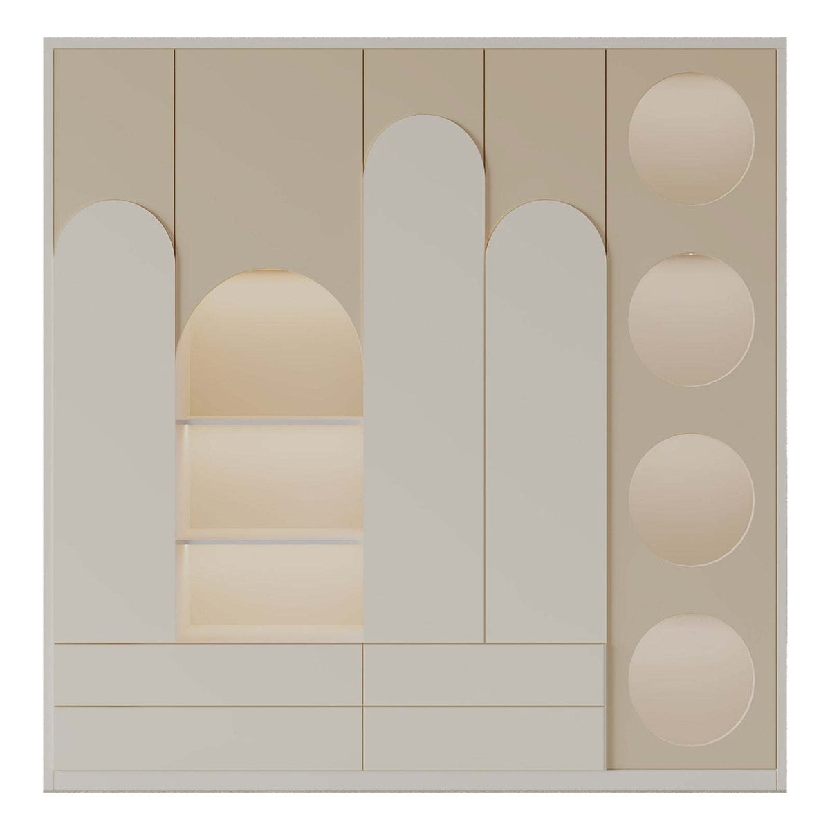 Juno Closet off-white beige modern storage with curved lines and built-in lighting