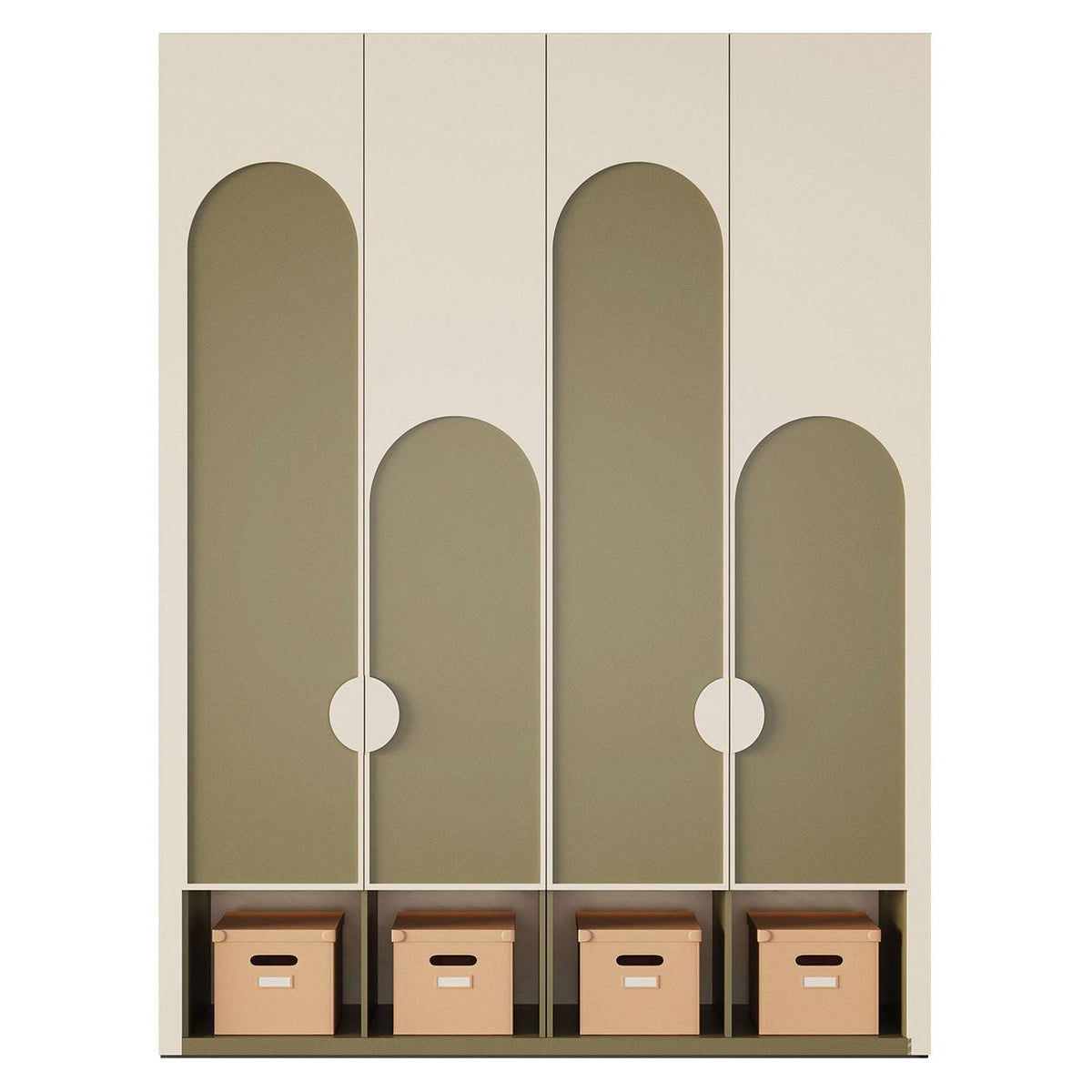 Modern Orbit Closet with off-white and grey arched doors and storage compartments
