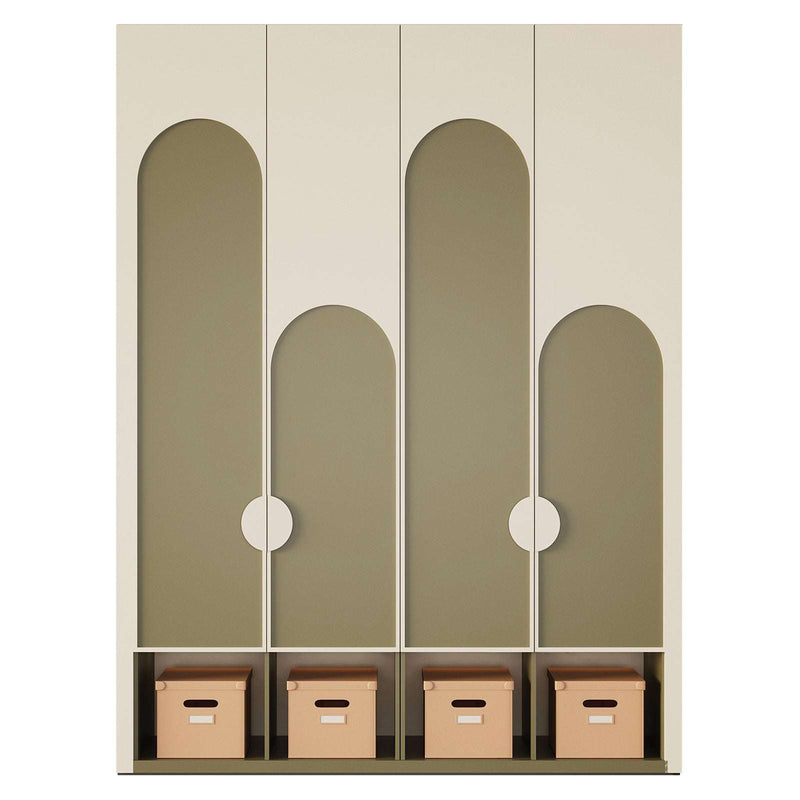 Modern Orbit Closet with off-white and grey arched doors and storage compartments