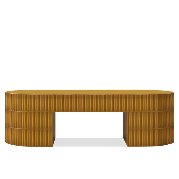 Clara Coffee Table with high-gloss fluted metallic base and glass top in modern living room