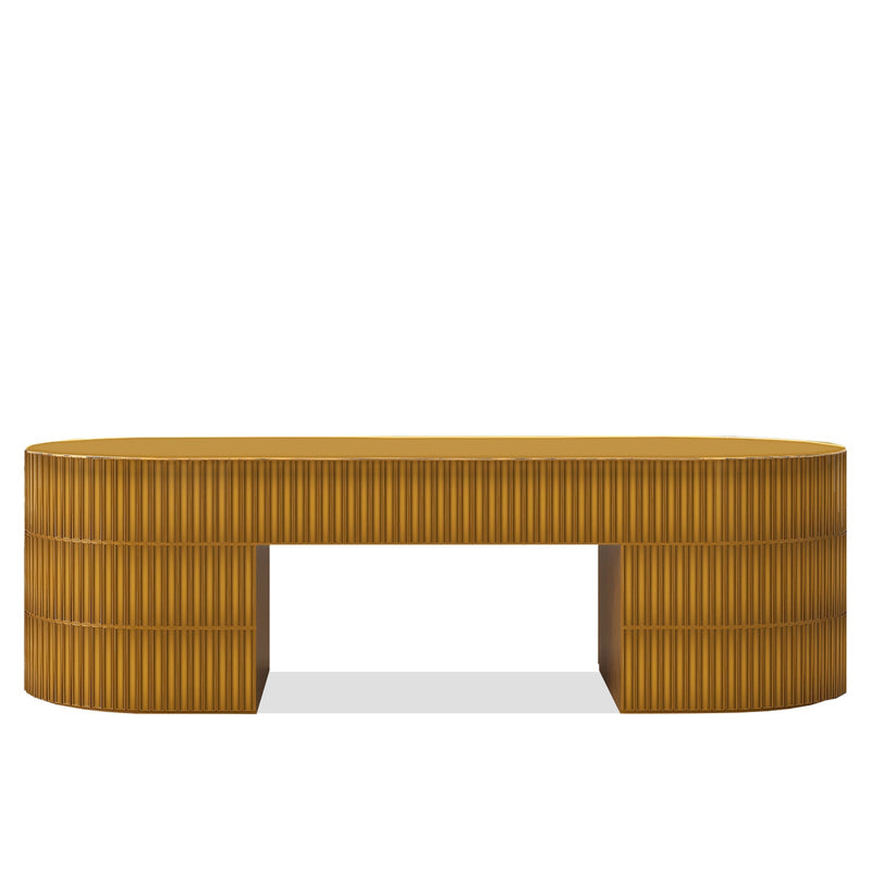 Clara Coffee Table with high-gloss fluted metallic base and glass top in modern living room