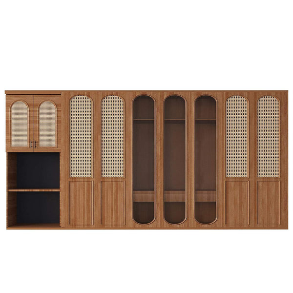 Steven Closet with natural wood, arched doors featuring cane webbing and ribbed glass, stylish and spacious storage