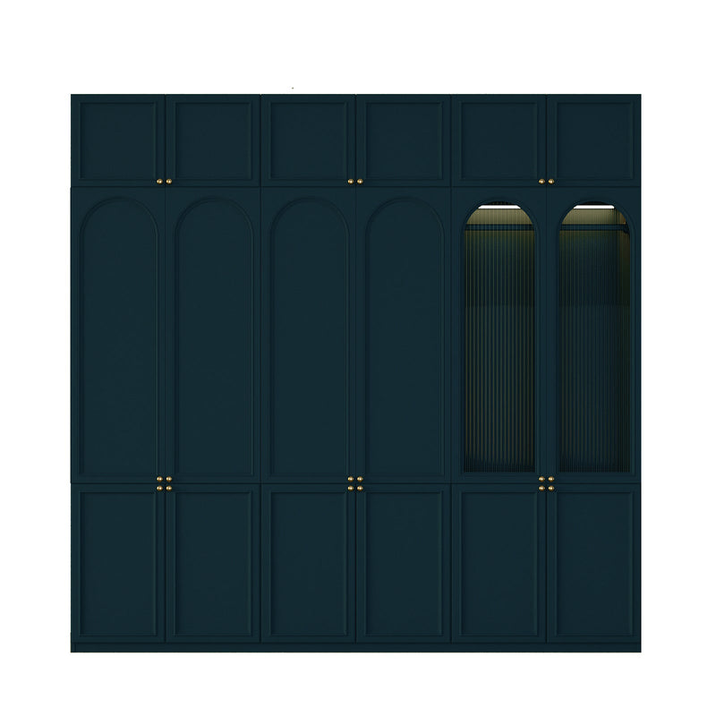 Obsidian Closet peacock blue wardrobe with arched doors and ribbed glass panels in modern interior