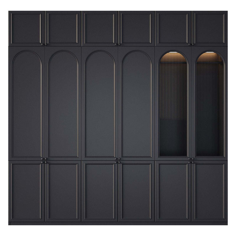 Obsidian Closet matte black wardrobe with arched doors and ribbed glass panels featuring integrated lighting and round handles
