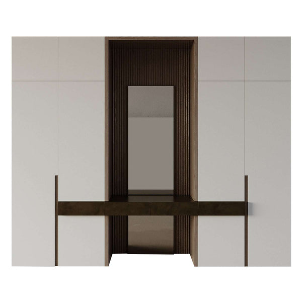 Lumina Closet in off-white and walnut wood with built-in vanity and mirror, featuring shelves, hanging space, and drawers for organized storage.
