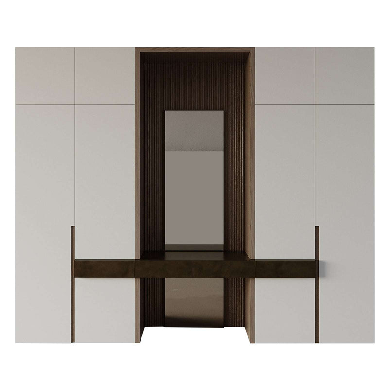Lumina Closet in off-white and walnut wood with built-in vanity and mirror, featuring shelves, hanging space, and drawers for organized storage.
