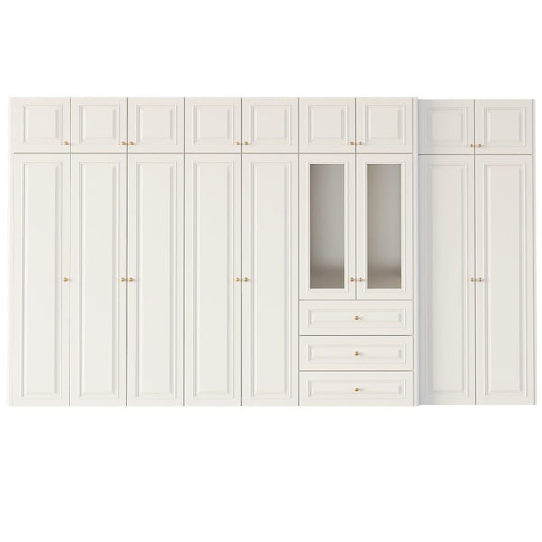 Elysian Closet off-white MDF wood wardrobe with paneled doors, glass sections, gold handles, shelving, hanging bars, and drawers