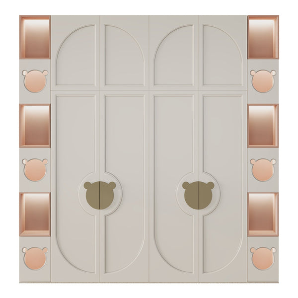 Wonderland Closet off-white and baby pink wardrobe with bear cutouts and LED lighting
