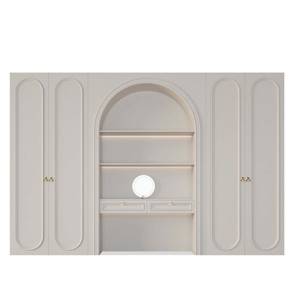 Dreamscape Closet white with central arched LED-lit vanity and storage shelves