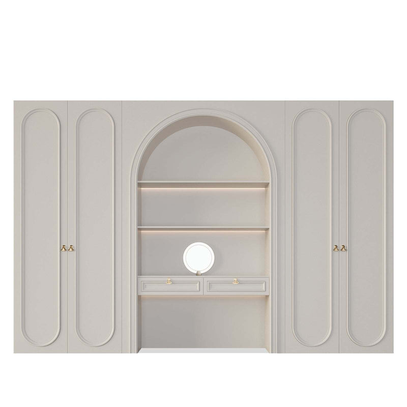 Dreamscape Closet white with central arched LED-lit vanity and storage shelves