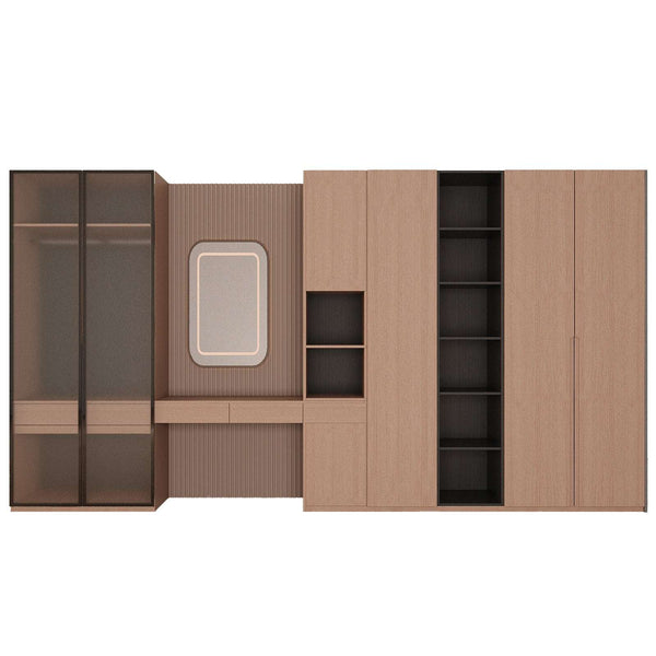 Terralux Closet with natural wood, glass doors, built-in LED lighting, LED mirror, shelves, hanging bars, and drawers