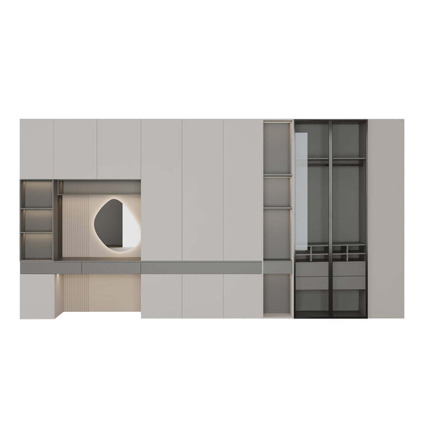 Estella Closet off-white and grey with LED lighting, irregular mirror, shelves, hanging bars, and six drawers