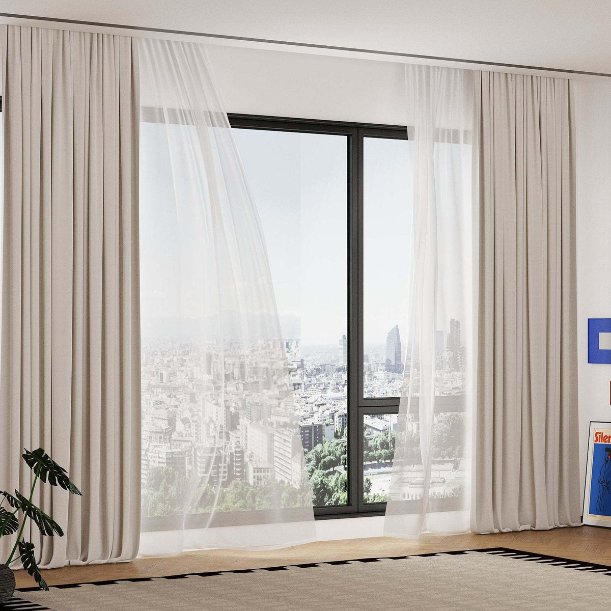 Paris Curtain / White Chiffon Beige Black-Out Double Layer