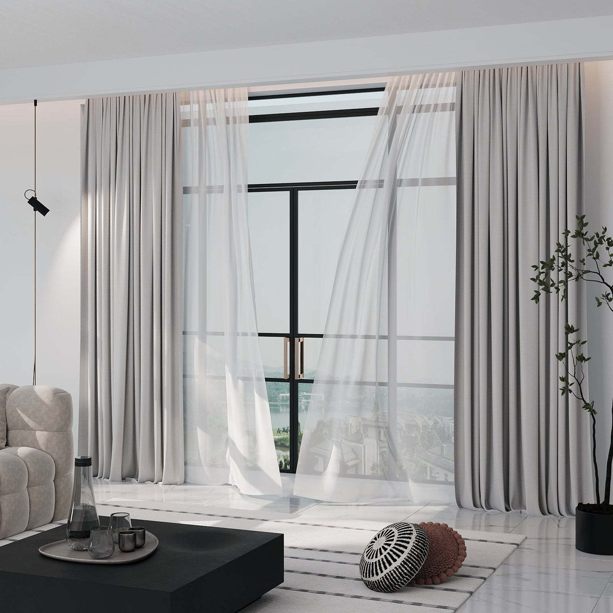 Haven Curtain / White Chiffon Grey Black-Out Double Layer