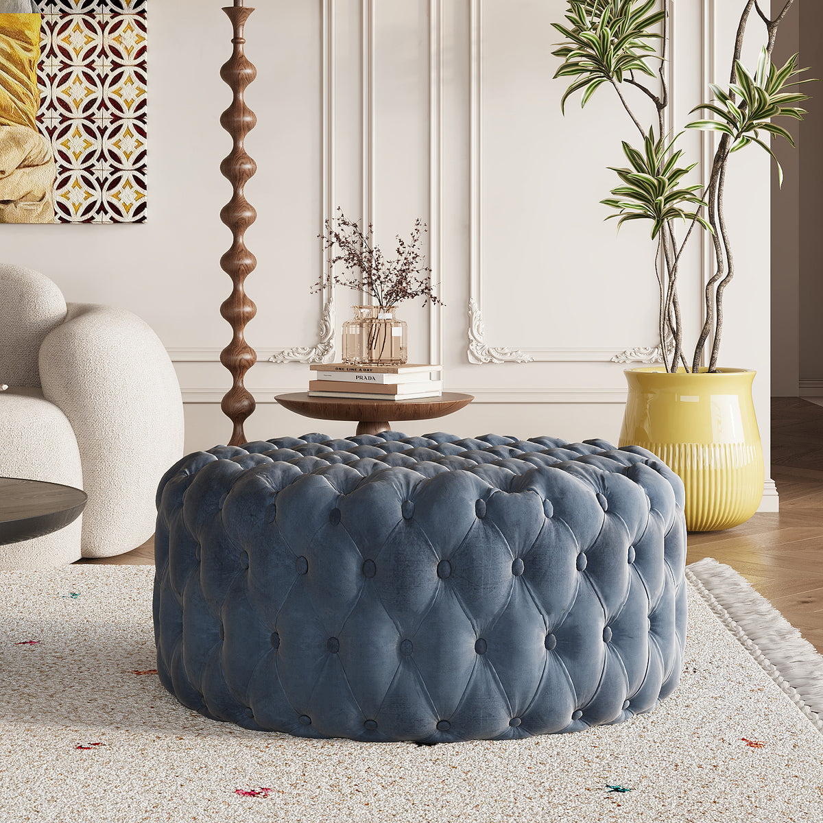 Miya Round Ottoman / 90 x 90 CM Velvet/Leather Upholstery
