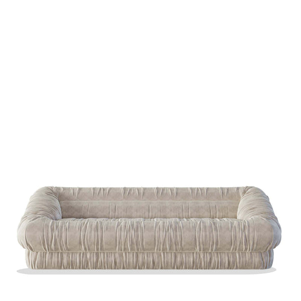 Dune 3S Sofa in off-white velvet with vertical ruching and padded armrests