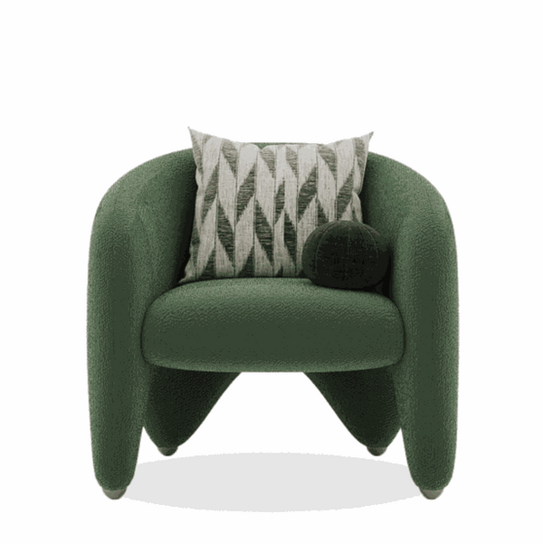 Cammron Armchair in dark green with boucle upholstery and unique leg design
