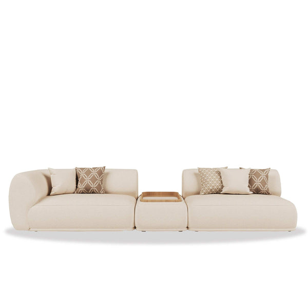 Al Qasr Majlis modern luxury seating with white oak trays and travertine side tables in soft neutral tones