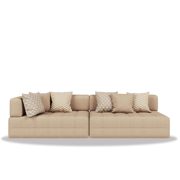 Elegant Al Maya Majlis with soft tones, gold accents, layered textures, and a seamless elegant seating arrangement