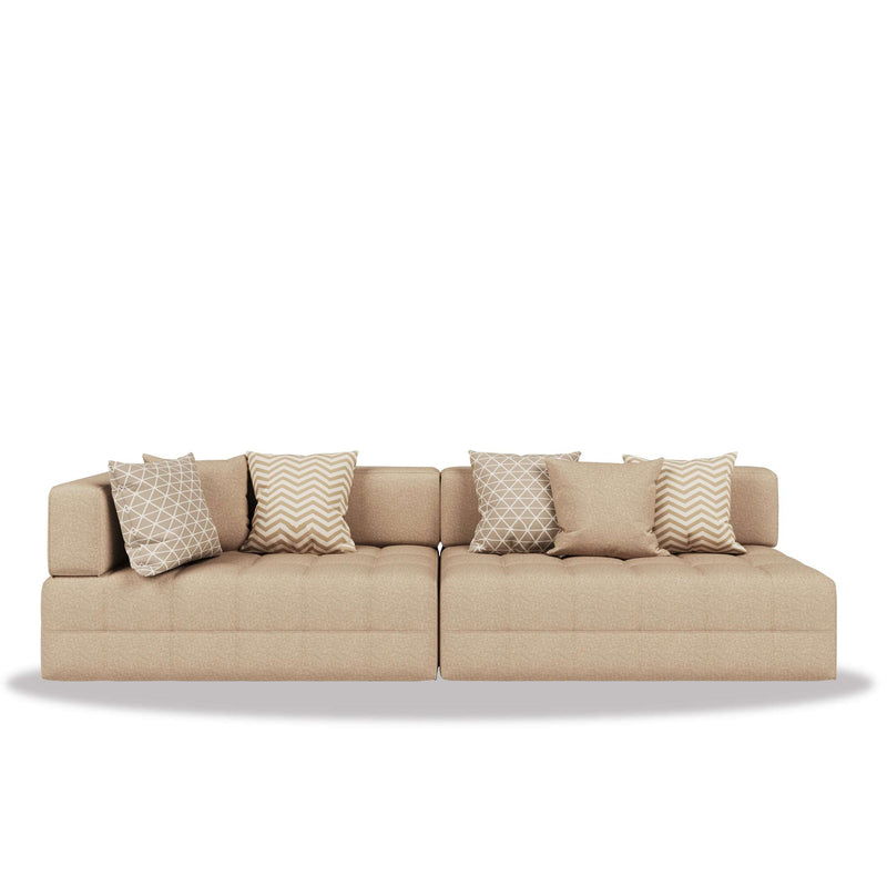 Elegant Al Maya Majlis with soft tones, gold accents, layered textures, and a seamless elegant seating arrangement