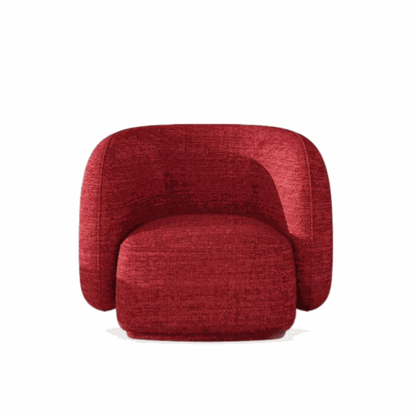 Stella Armchair in red and grey cotton blend with curved design and hidden base