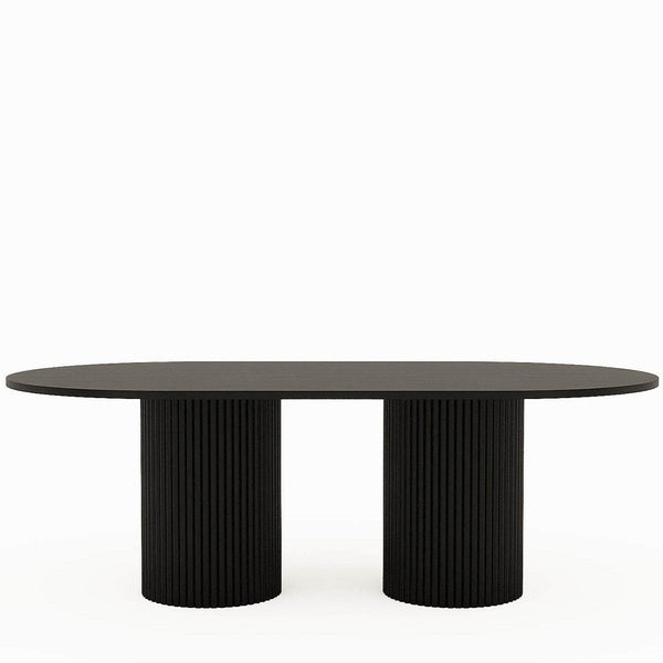 Fabian Dining Table black solid wood with curved rectangle top and round notched legs