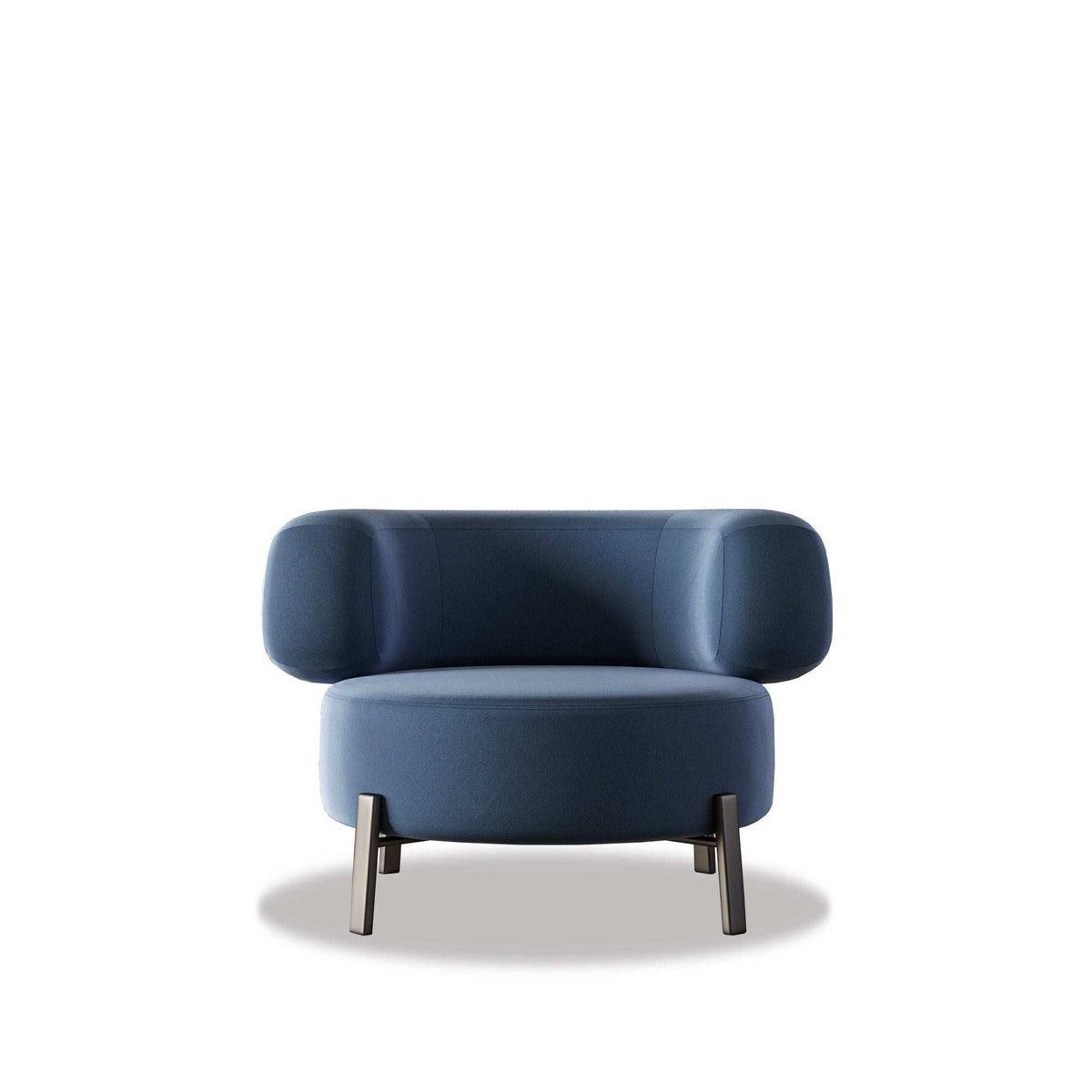 Kalia Armchair with padded wrap-around armrests and circular cushion on metal legs in modern design