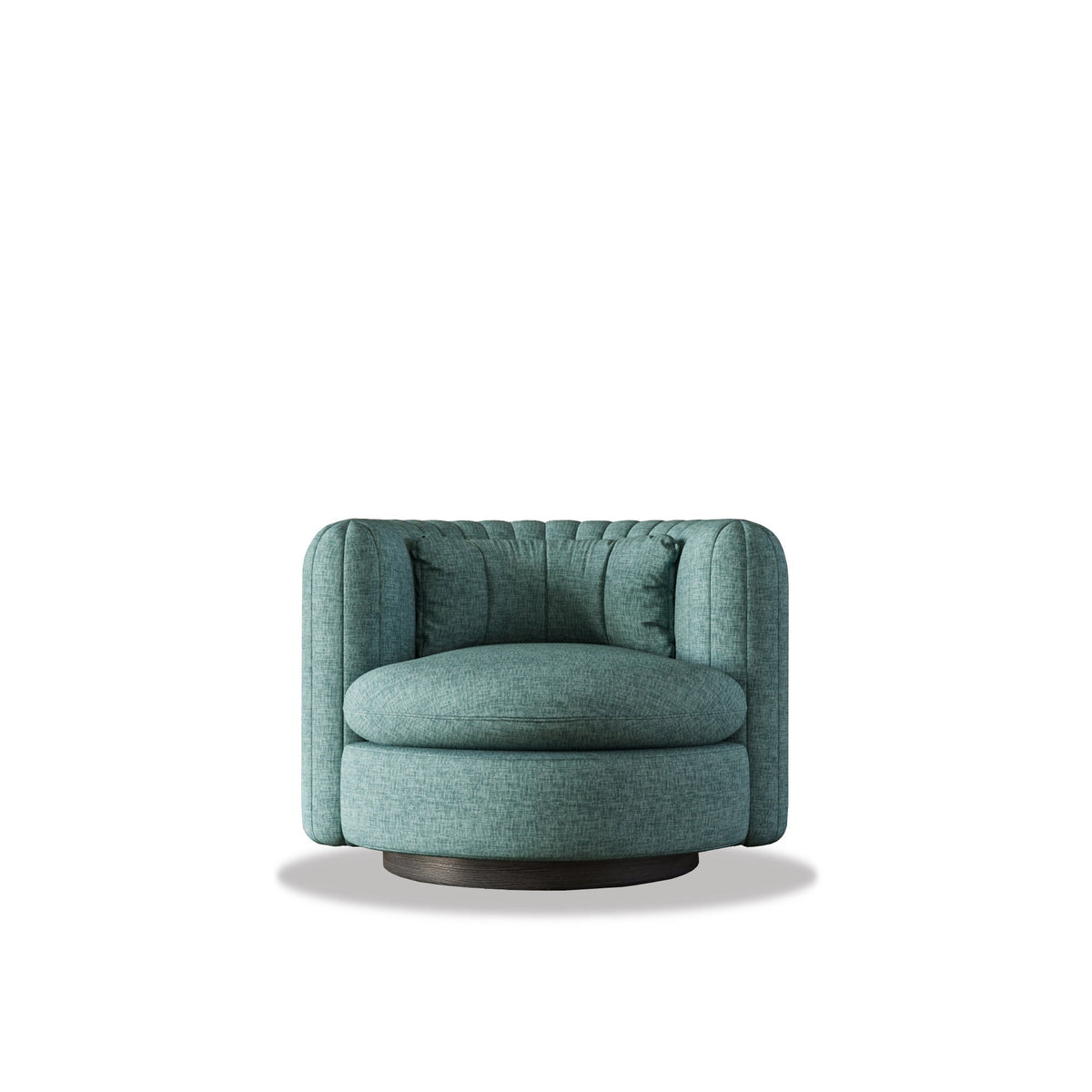 Osun Armchair with vertical channel tufting and wooden accent plinth in mid-century modern style