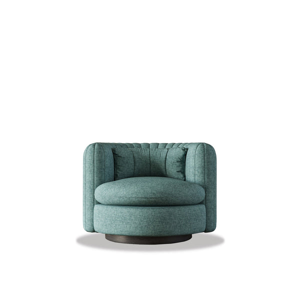 Osun Armchair with vertical channel tufting and wooden accent plinth in mid-century modern style