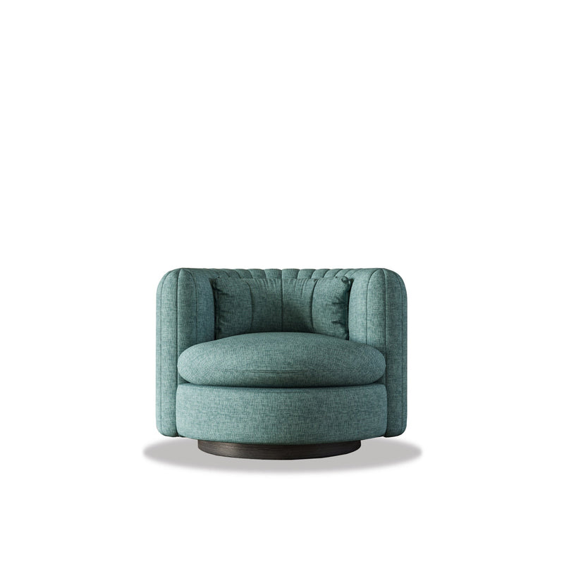 Osun Armchair with vertical channel tufting and wooden accent plinth in mid-century modern style