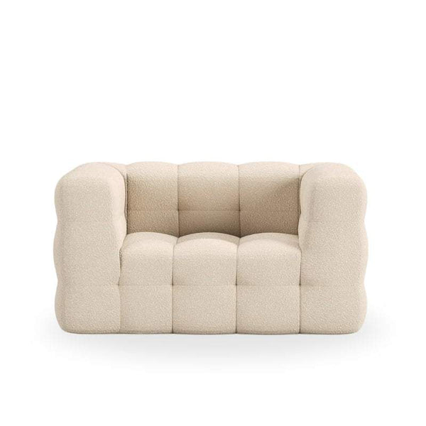 Coco Tufted Armchair in off-white boucle with square arms and modern tufted design