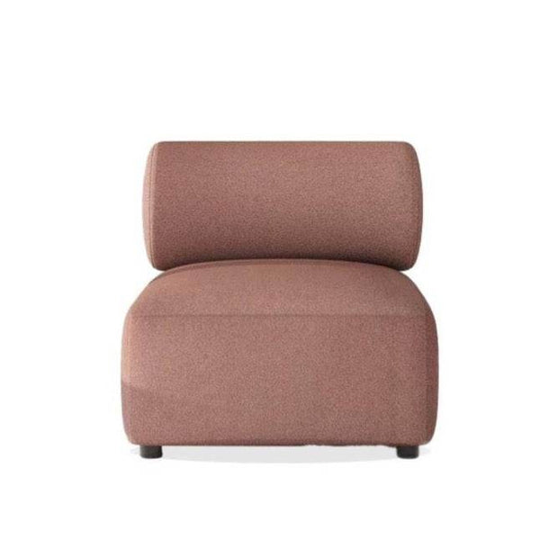 Fiona Chair in blush pink velvet and greige suede with wooden legs and pipe-shaped backrest