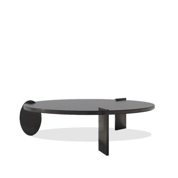 Gwen Coffee Table modern round wood design with unique oval and rectangle legs in charcoal and walnut finish