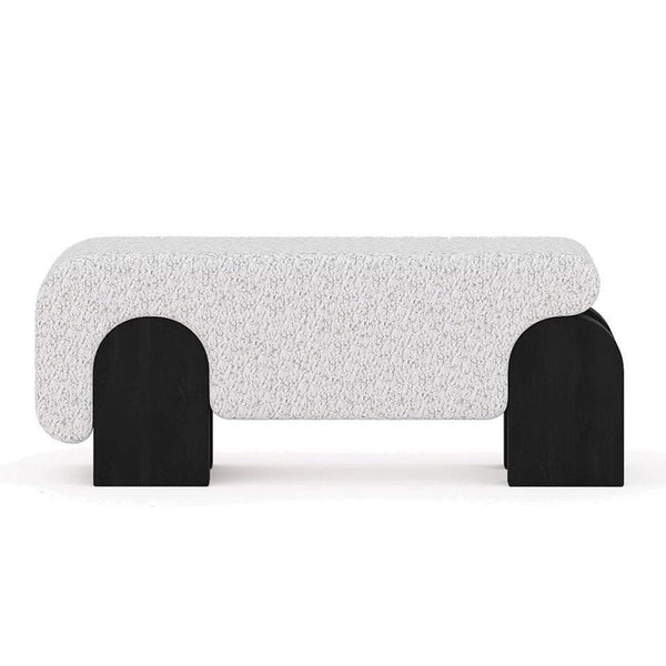 Andy Bench in white boucle with charcoal wood legs, modern and luxurious seating