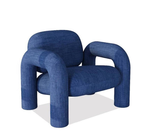 Delano Armchair with curved pipe-like arms in navy and beige linen and yellow knitted accents