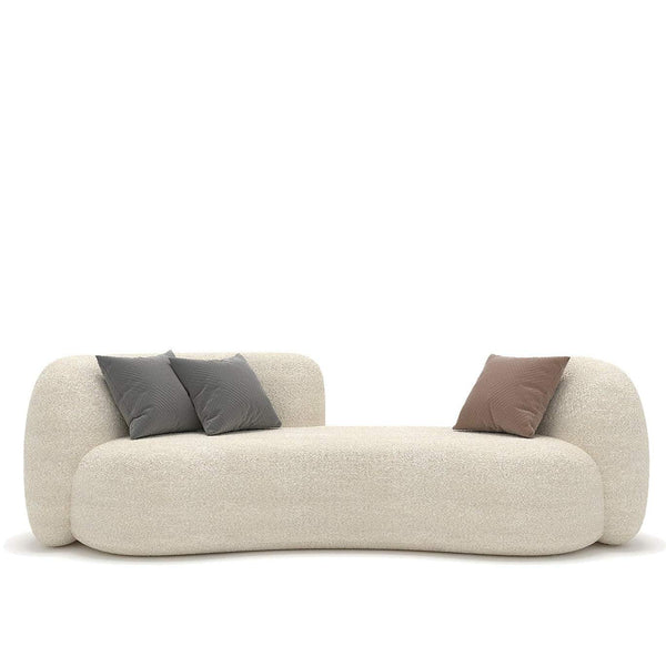 Aura Sofa in beige boucle with curved shape and three cushions, modern boho design