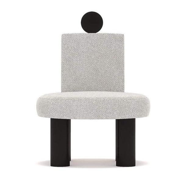 Beco Armchair in white jacquard fabric with black circular and cylindrical accents
