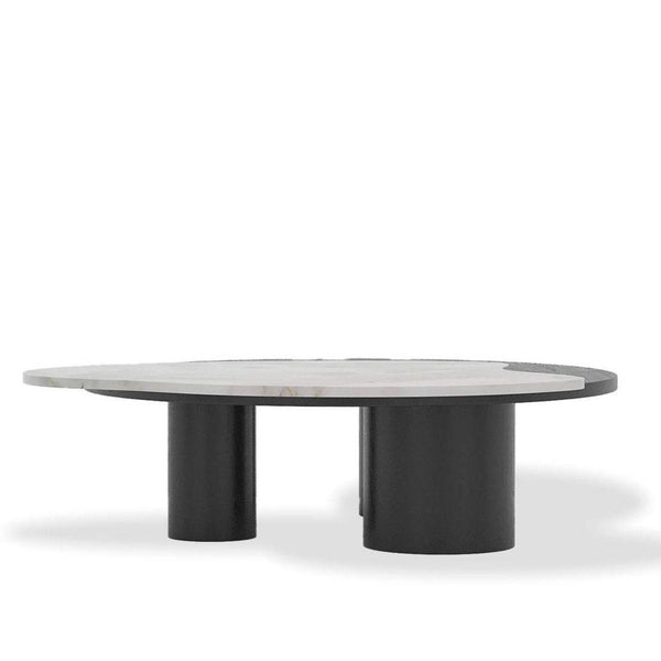Caroline Coffee Table with round half marble half MDF top and three black cylindrical legs