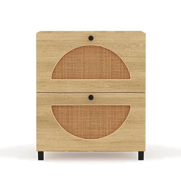 Laylak Night Stand beige beech wood and rattan with two drawers and black knobs