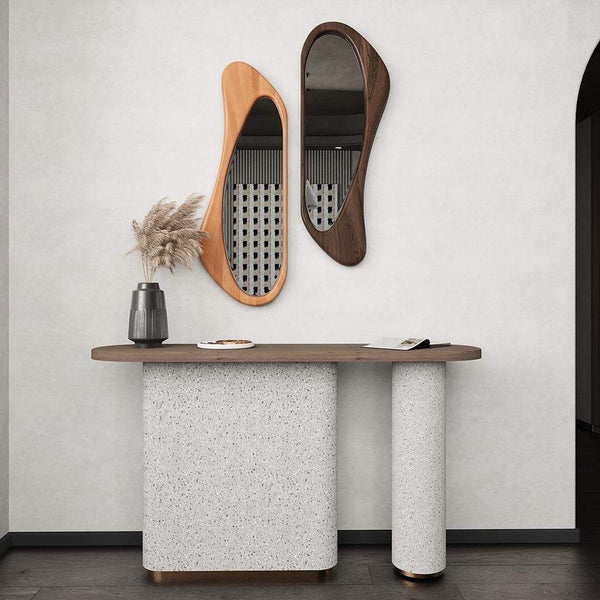 Riya Mirror set with natural and walnut wood frames, modern dual-mirror design above minimalist console table in contemporary room