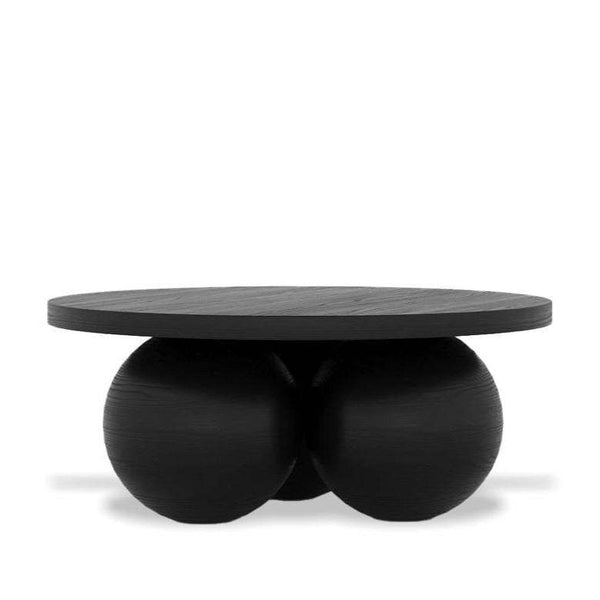 Pearl Coffee Table with round solid wood top and spherical three-leg charcoal base