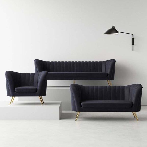 Santorini Living Room Set with plush velvet upholstery and gold stainless steel legs in modern minimalist setting