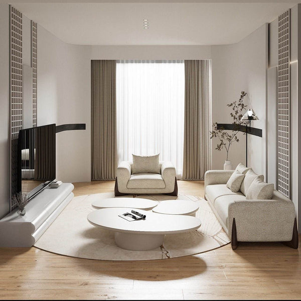 Valentina Living Room Set with beige boucle sofa, armchair, round coffee table, and TV unit in modern minimalist room